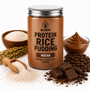 Mocha protein rice pudding ingredients displayed