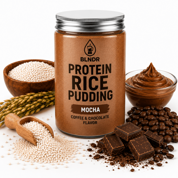 MOCHA PROTEIN RICE PUDDING 1 Mocha protein rice pudding ingredients displayed