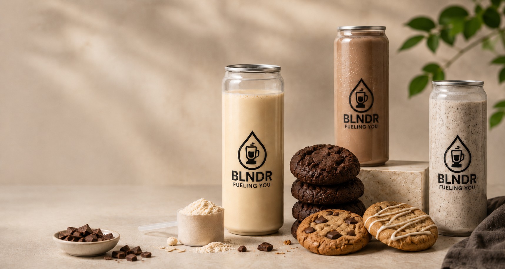 Protein shakes and assorted protein cookies displayed.